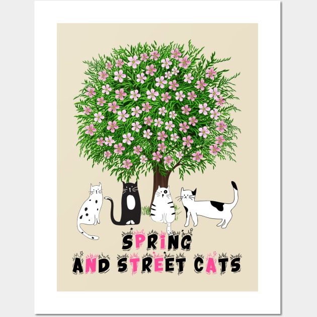 Spring And Street Cats - Cute And Floral Cat Lover Wall Art by Pharaoh Shop